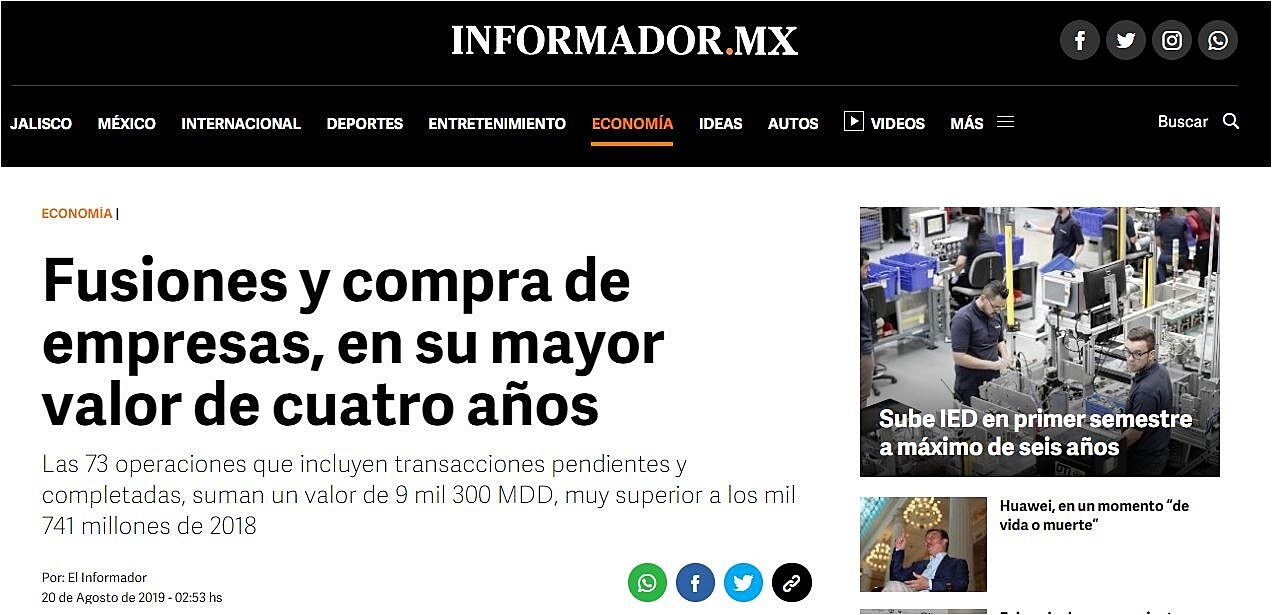 Fusiones y compra de empresas, en su mayor valor de cuatro aos